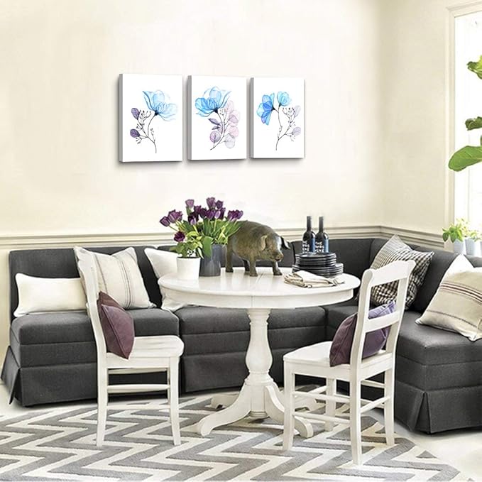 3 Piece Modern Blue Flowers Canvas Wall Art for Bedroom Living Room decor,Bathroom Wall Decor,3 Panels framed Wall Watercolor Painting Kitchen Home Decoration Canvas Print Artwork Wall Mural