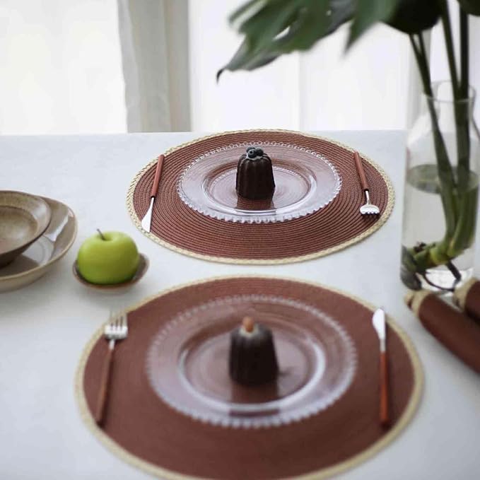 Noctiflorous Round Braided Placemats Set of 6 Table Mats 15 Inches Washable Heat Resistant for Dining Table Non-Slip Indoor Outdoor Place Mats for Easter(01 Chestnut Brown 6)