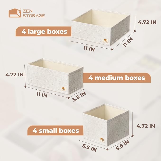 Linen Drawer Organizers for Nursery, Dresser & Closet (12-Pack) – Sturdy, Collapsible Nursery & Dresser Dividers for Baby Clothes, Socks, Underwear & Essentials – Multi-Size Set, Beige