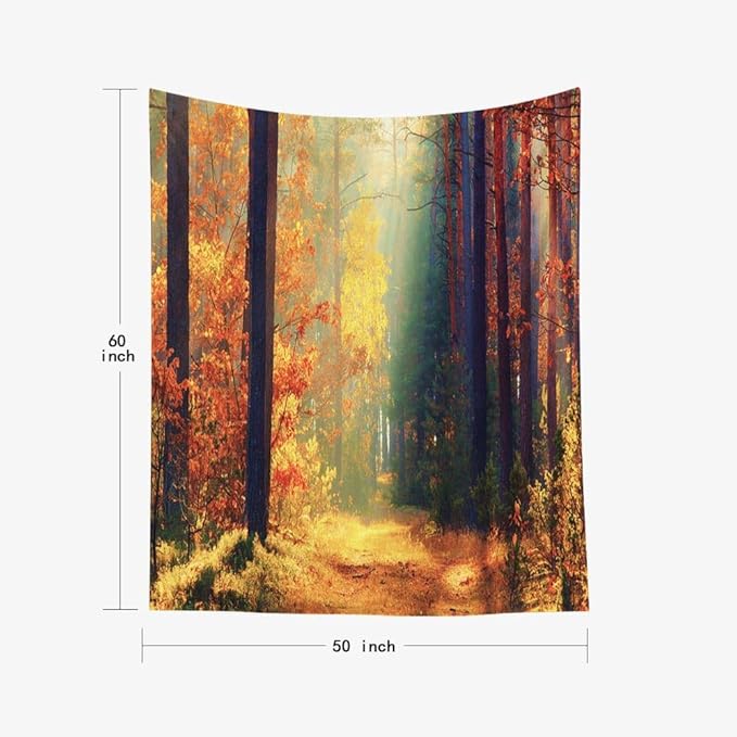 EMMTEEY Fall Forest Tapestry Sunlight in Fall Forest Path Autumn Landscape Aesthetic Tapestry 60X50 Bed Tapestry