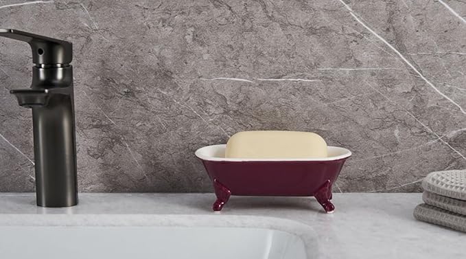 6.5" Ceramic Mini Decorative Clawfoot Bathtub Bar Soap Dish, Kitchen Sponge Holder and Shower Tray for Bathroom, 1 Pack(Burgundy)