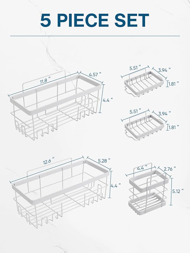 Cobbe Adhesive Shower Caddy 5-Pack, Large Wall Mounted Shower Shelves Rack, Organizer Storage Accessories with Soap Dish&Toothbrush Holder, Shelves for Bathroom Storage & Home Kitchen Decor, White