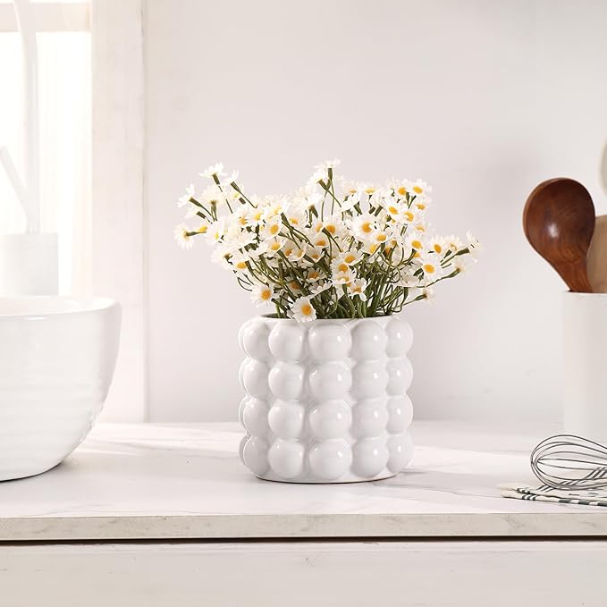Bubble Vase, Small Vase, White Ceramic Vase, Short Vase, Ceramic Flower Vase, Unique Vase Home Decor, Decorative Vase for Flowers, Living Room, Bedroom, Office, Shelf, Coffee Table, 5 Inches