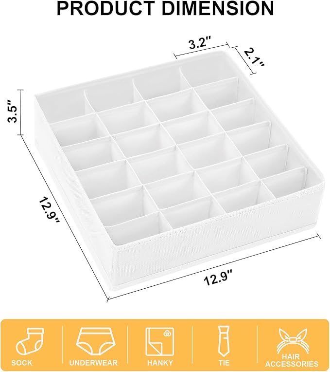 Joyoldelf Sock Organizer Drawer Organizer - Underwear Organizer, 24 Cell Collapsible Closet Organizers and Storage Sock Holders Organizers for Storing Socks, Ties, Belts 6 Pack White