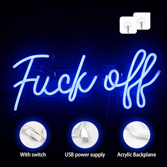 Neon Sign Fuck Off Blue Neon Lights for Wall Decor USB/Switch Operated Real Neon Wall Signs for Bedroom, Art Decorative Letter for Game Room,Bar Office Party Holiday Christmas,Aesthetic Décor for Living Room
