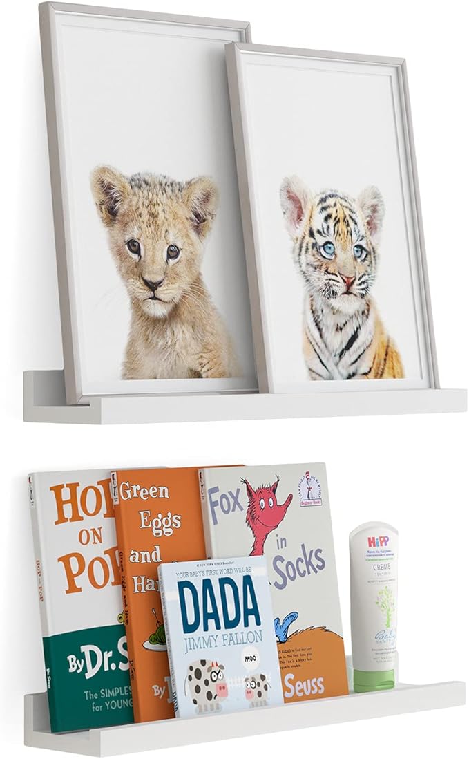 Wallniture Denver 17" White Floating Bookshelf and Picture Ledge for Kids Room Decor and Nursery Shelves for Wall, Set of 2