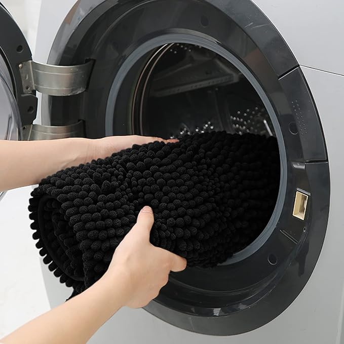 ACCUMTEK Striped Black Bathroom Rug Mat 47.5"x17" Ultra Soft, Non Slip Chenille Bath Rugs, Absorbent Plush Shaggy Bath Mats for Bathroom, Bedroom, Kitchen, Shower, Tub