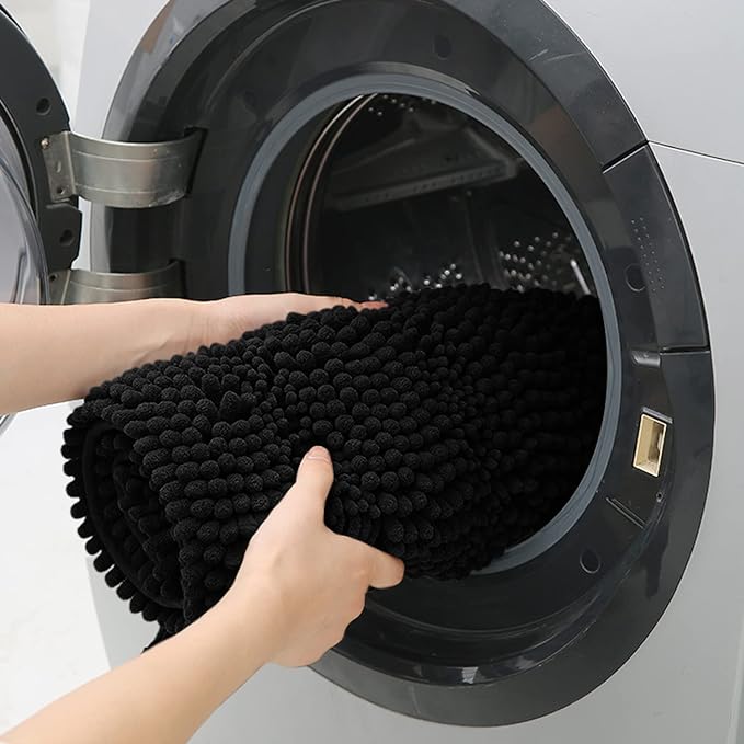 ACCUMTEK Striped Black Toilet Bathroom Rug Mat Set 2 Piece Rug Ultra Soft, Non Slip Chenille Bath Rugs, Absorbent Plush Shaggy Bath Mats for Bathroom, Bedroom, Kitchen, Shower, Tub