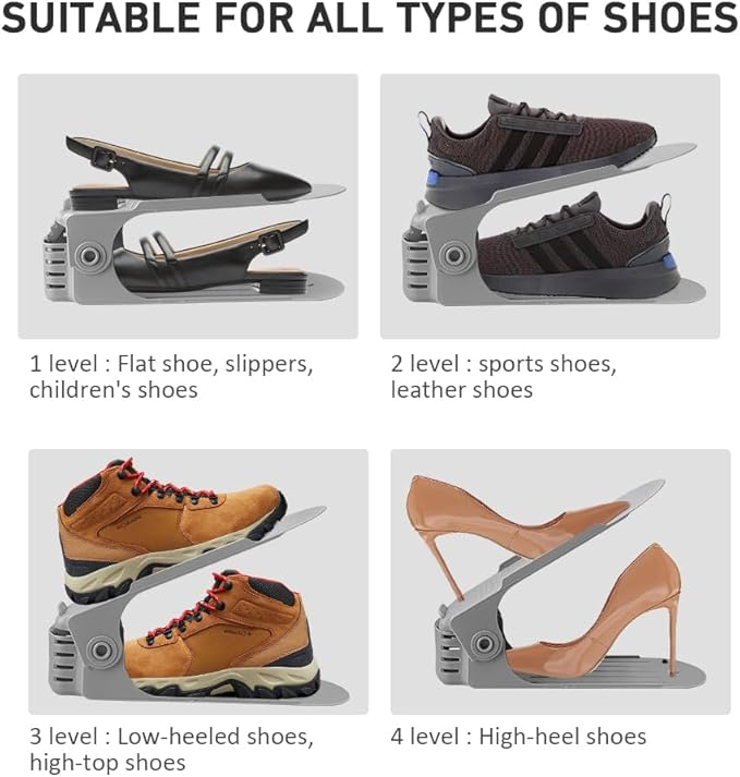 Shoe Slots Organizer 20 Pack - Shoe Stackers, Space Savers 50%, 4 Levels Adjustable, Grey