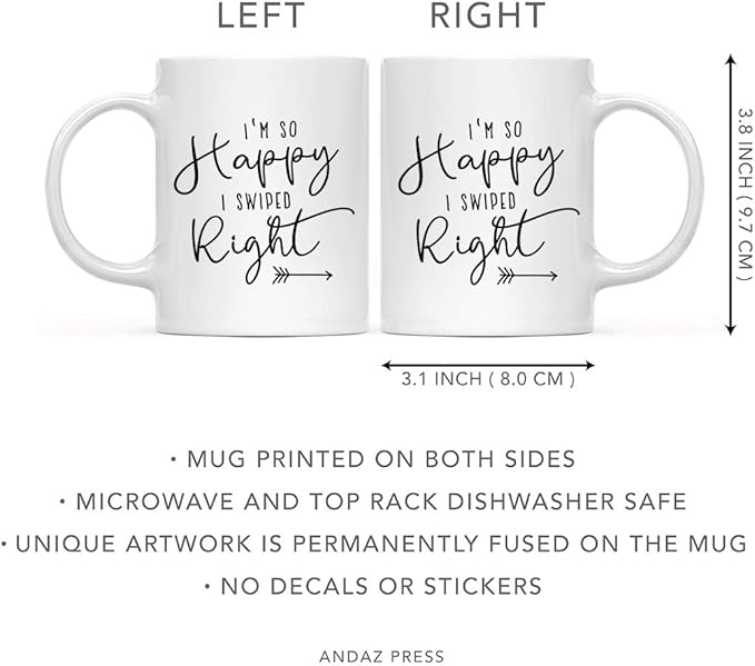 Andaz Press Valentine’s Day Funny 11oz. His Her Couples Coffee Mug Gift, I'm So Happy I Swiped Right, Arrow Graphic, 1-Pack, Gift Box