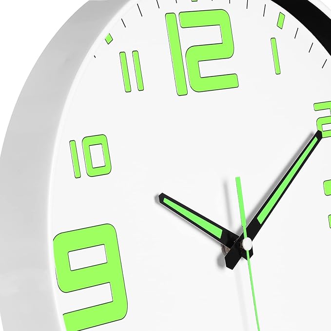 JoFomp Modern Night Light Wall Clock, 12 inch Silent Non-Ticking Clock with Glow in The Dark Function, Battery Operate Lighted Wall Clock for Living Room Kitchen Bedroom Decor (White)