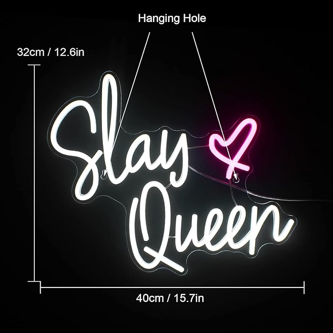 Slay Queen Neon Sign White Pink LED Neon Light Up Signs for Wall Decor Usb Neon Light for Bedroom Preppy Girl Aesthetic Room Dorm Decor Y2k Party Gifts
