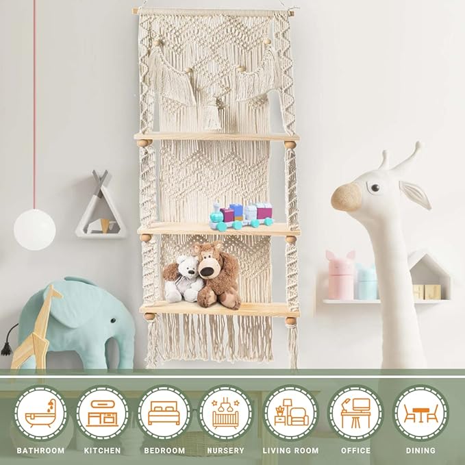 LIVALAYA 3 Tier Macrame Wall Hanging Shelf for Boho Hanging Wall Decor Shelves for Bedroom Bathroom, Nursery Bohemian Shelf for Cute Indoor Plants, Farmhouse Woven Rope Picture Holders