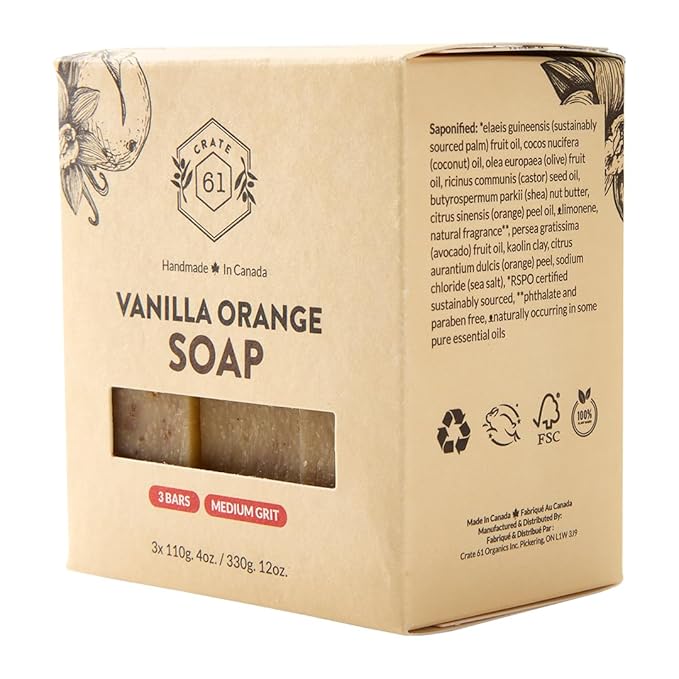Handmade in Canada, Plant Based Cold Process Natural Bar Soap For Face And Body, With Premium Essential Oils, For Men And Women 3 Pack (Vanilla Orange)