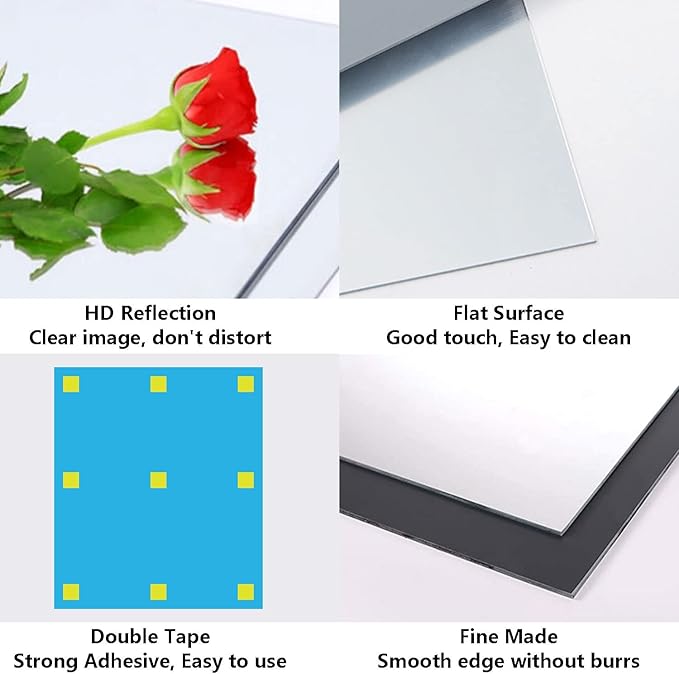 4Pcs Acrylic Mirror Sheets, 8"x12" Wall Mounted Mirror Tiles Self Adhesive Mirror Stickers Frameless Full Body Mirror Tiles for Wall Bedroom Bath Home Decor