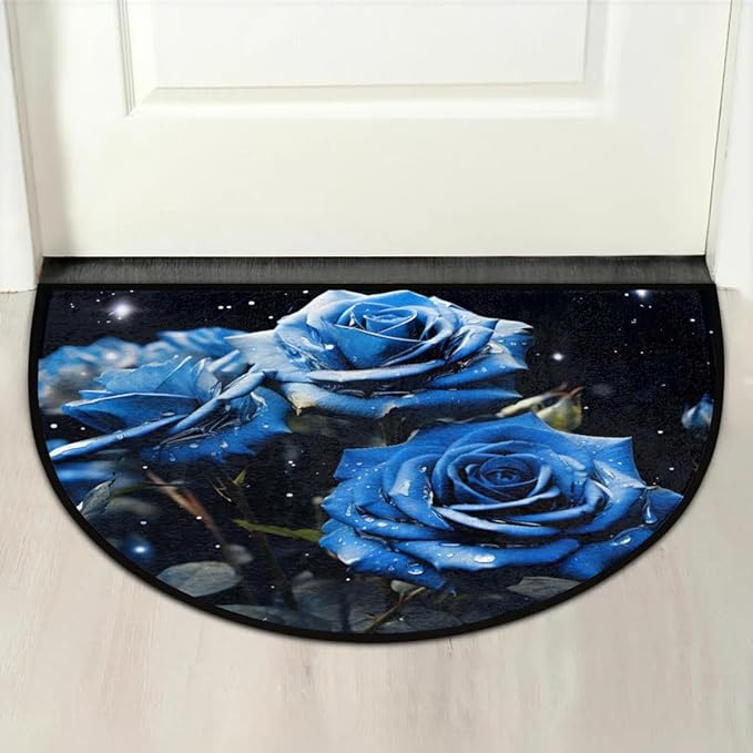 Half Round Rug Blue Rose Doormat Flower Bathroom Rug Festival Decorative Gifts Non-Slip Washable Doormat for Indoor Outdoor Living Room Kitchen Bedroom
