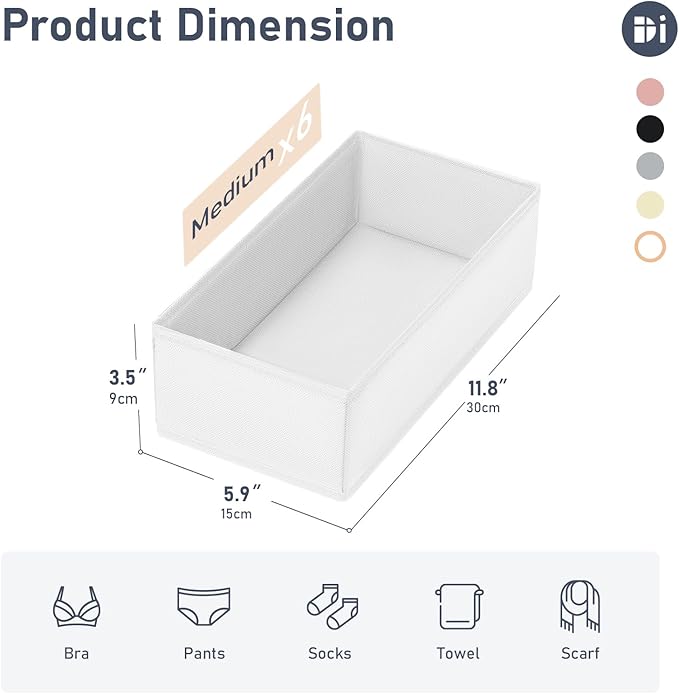 DIMJ Drawer Organizer Clothes - Underwear Organizer Small Sock Organizer Box Dresser Organizer,Drawer Dividers for Baby Clothes,Bra,Socks, Belt, Tie, Set of 6,White