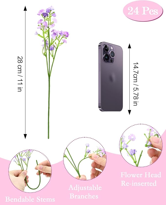 48Pcs Babys Breath Artificial Flowers, Fake Baby Breath Flowers Artificial Bulk Faux Gypsophila Real Touch Flowers for Wedding DIY Bouquet Floral Arrangement Party Home Garden Decor, Purple
