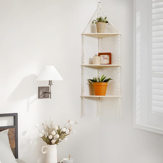 Artilady Macrame Corner Shelf Wall Hanging - 3 Tier White Floating Shelves Plant Corner Wall Decor, Boho Rustic Wood Plant Storage Rack for Bedroom Living Room Bathroom