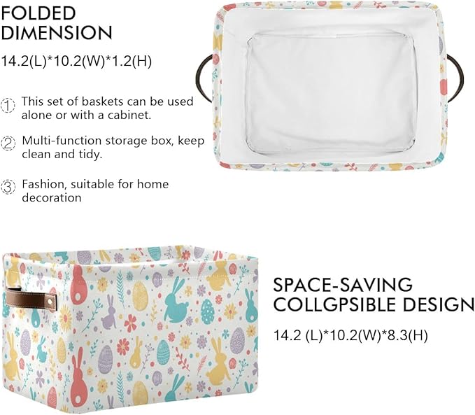 Happy Easter Day Eggs Bunny Storage Basket Fabric Laundry Baskets Easter Rabbit Peeps Spring Flowers Storage Boxes Organizer Bag for Baby Cloth Toy Book Storage Cubes Shelf Closet Bins 16×12×8 Inches