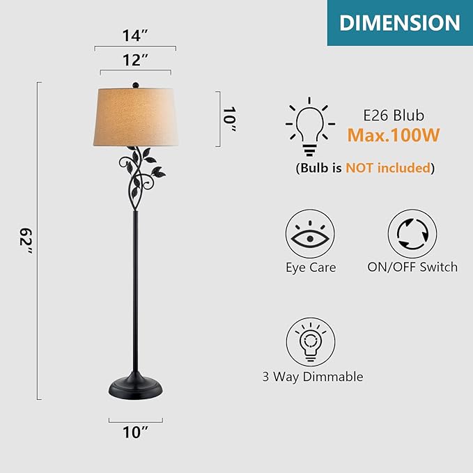Maxax Vintage Floor Lamp, 62in Traditional Farmhouse Tall Standing Lamp with Oatmeal Fabric Shade,3-Way Dimmable Metal Leaf Floor Lamp for Living Room and Bedroom, Black