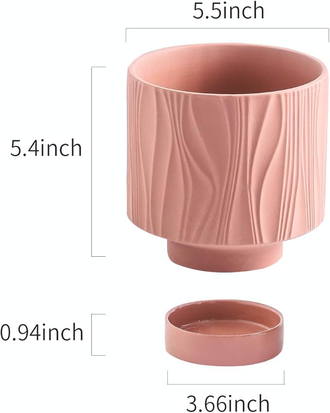 UBEE Plant Pots Indoor-5.5 inch Ceramic Flower Pot Succulent Pot with Drainage Hole and Ceramic Tray-Water Ripple for Gardening Home Desktop Office-Plants NOT Included(Ochre/Terracotta)