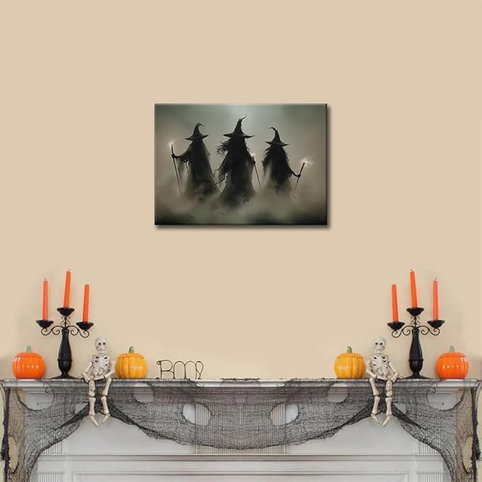 ILLBDR Halloween Vintage Witchy Wall Art Prints Creepy Gothic Dark Moody Pictures Decor Dark Academia Witches Victorian Painting Canvas Posters for Bedroom Bathroom 16x24 inch Framed