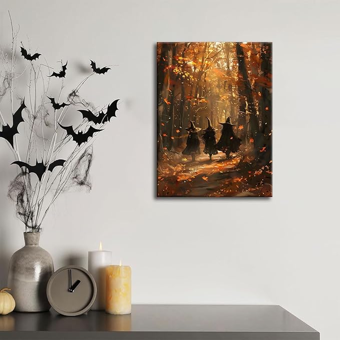 ILLBDR Halloween Canvas Wall Art Prints Creepy Witchy Silhouette Vintage Painting Poster Gothic Dark Moody Pictures Decor for Gallery Living Room Bedroom Bathroom 12x16 inch Framed