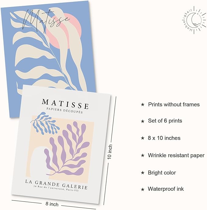 Habseligkeit Blue Matisse Wall Art Prints, Retro Abstract Posters for Girls Room Aesthtic, Girls Dorm Wall Decor Set of 6, 8x10 in