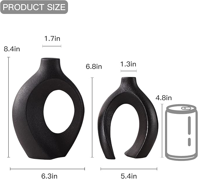 Black Hollow Ceramic Vase Set of 2, Snuggle Round Boho Donut Modern Vase Nordic Minimalist Decorative Vase for Modern Trendy Home Table Centerpiece Decor (W 6.3" X H 8")