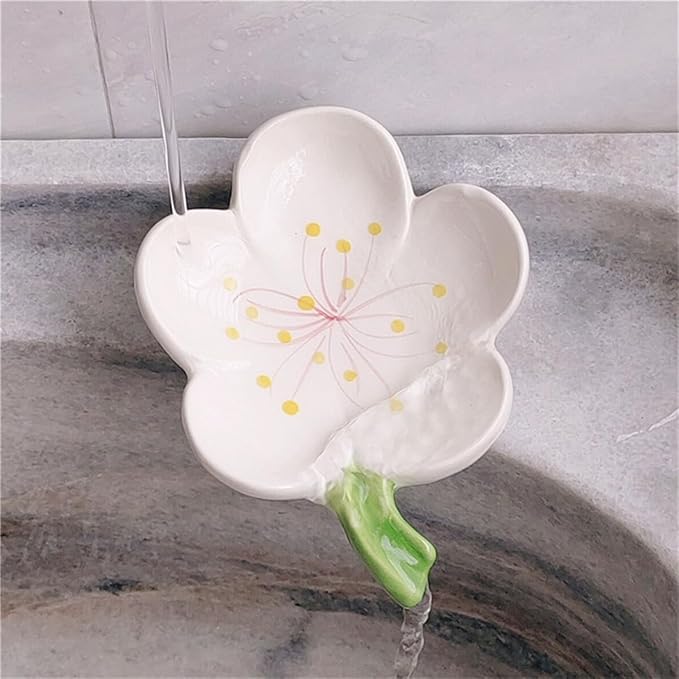 Ankah Decorative Ceramic Soap Box, Flower Shape Soap Dish, Self-Draining to Keep Dry Stop Mushy Soap Holder, Easy Cleaning, Best for Shower Bathroom and Kitchen (Peach Blossom, White)