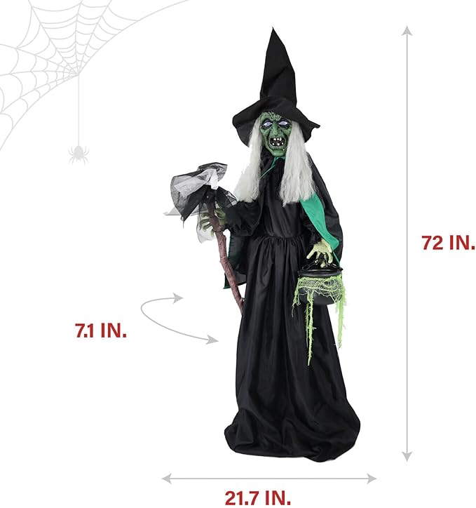 Haunted Hill Farm Lifesize Scary Talking Witch Prop with Cauldron and Broom with Touch Activated Lights and Sound, Battery-Operated Indoor or Covered Outdoor Halloween Decoration