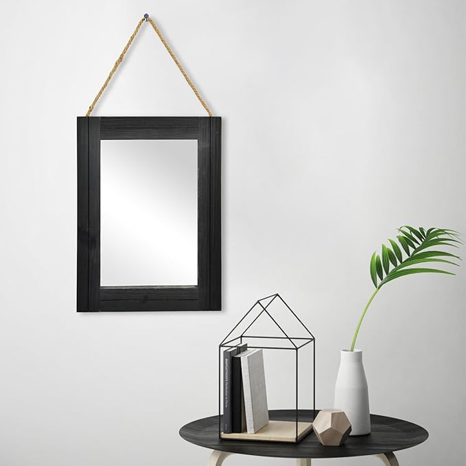12 x 16 in Wall Decorative Mirror, Rustic Wood Frame Rectangular Mirror with Hanging Rope for Entryway, Bedroom, Guest Bathroom, Living Room, Bedroom, Black