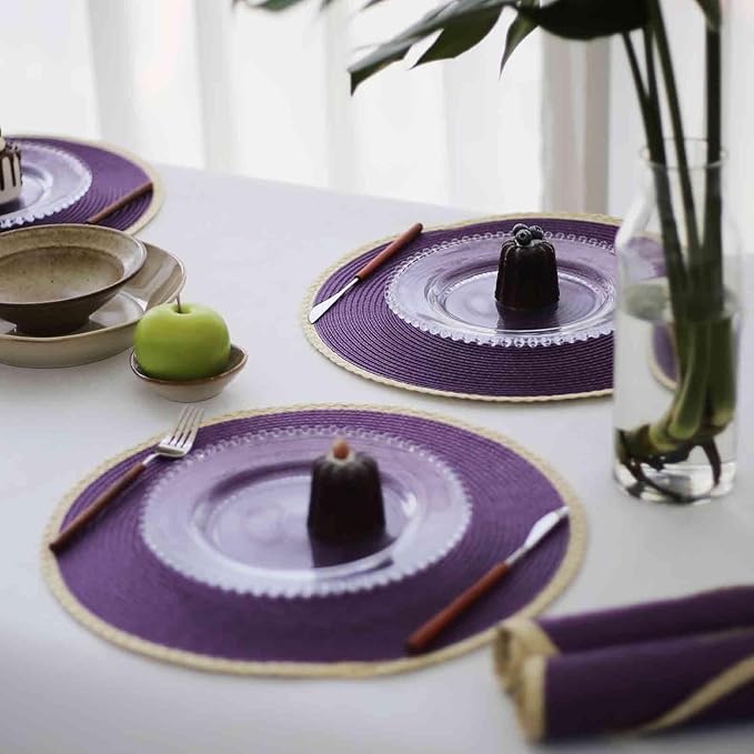 Noctiflorous Round Braided Placemats Set of 4 Table Mats 15 Inches Washable Heat Resistant for Dining Table Non-Slip Indoor Outdoor Place Mats for Easter(01 Lavender Purple 4)