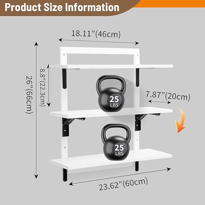 24-Inch Floating Shelves for Wall,3-Tier Wooden Wall Mounted Kitchen Shelves with Foldable Brackets,Hanging Wall Shelves for Living Room, Coffee Bar,Bedroom, Bathroom,Classic White