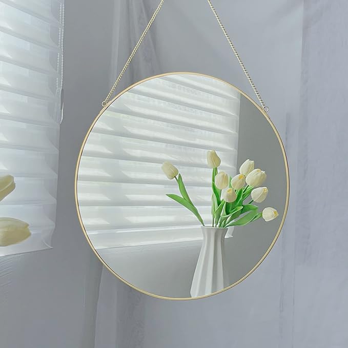 LONGWIN Hanging Wall Circle Mirror Decor Gold Geometric Mirror with Chain for Bathroom Bedroom Living Room 15.7"