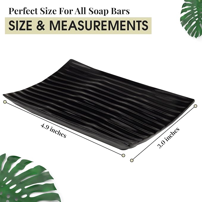 Modern Zen Black Ceramic Soap Dish - 4.9 x 3 Inches Sleek Bathroom Soap Tray - Durable Bar Soap Holder with Soap Saver Ridges, Black Soap Dish for Bathroom, Kitchen, or Shower