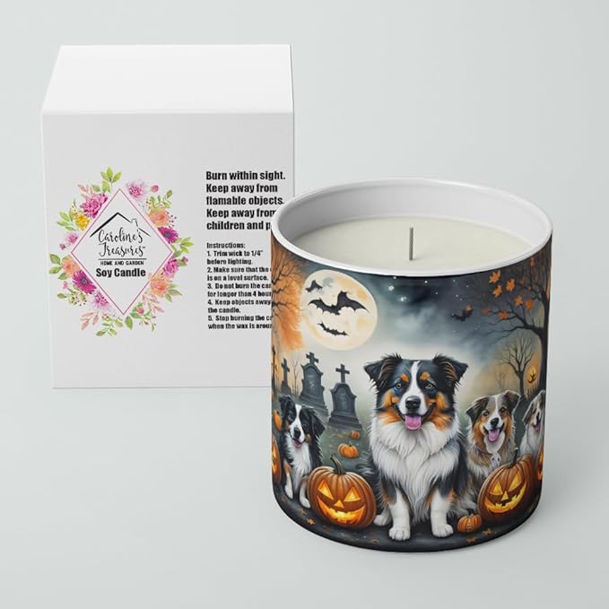 Caroline's Treasures DAC2009CDL Australian Shepherd Spooky Halloween Decorative Soy Candle Nature Soy Wax Essential Oil Home Decor Ideal for Bedroom Kitchen Bath Office Gift, 10 oz