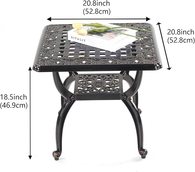 Mandolin Outdoor Patio,Rust -Resistant Cast Aluminum Side Table,Weather Resistant End Table,Coffee Table, Perfect for Patio, Backyard Or Garden. W 20.8" X H18.5(Aluminum Square, Copper)