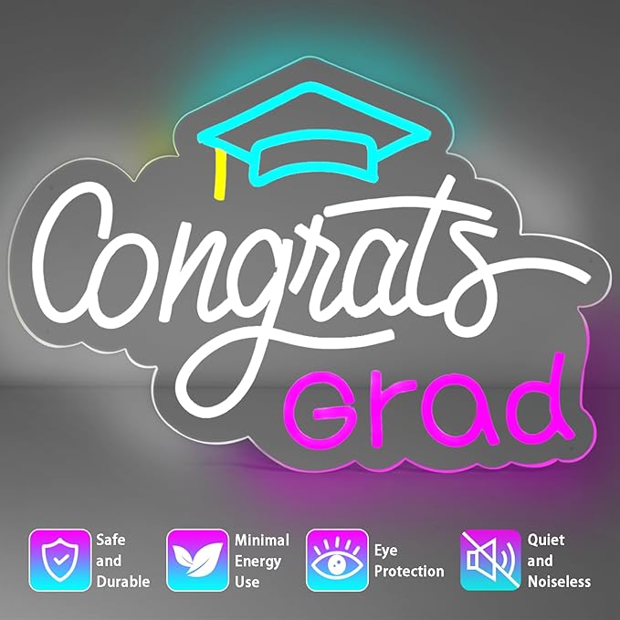Congrats Grad Neon Sign, Graduation Light up Sign with Cap, LED Adjustable USB Powered Neon Light for Prom Party Class Room Dorm Photos Background Wall Art Decoration Celebration Gifts (16" x 12.5")