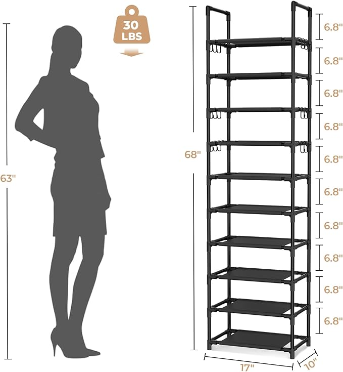 VTRIN 10 Tiers Tall Shoe Rack Holds 20-25 Pairs of Shoes Sturdy Vertical Shoe Organizer with 18pcs Hooks Stackable Narrow Shoe Rack for Closet, Entryway Black