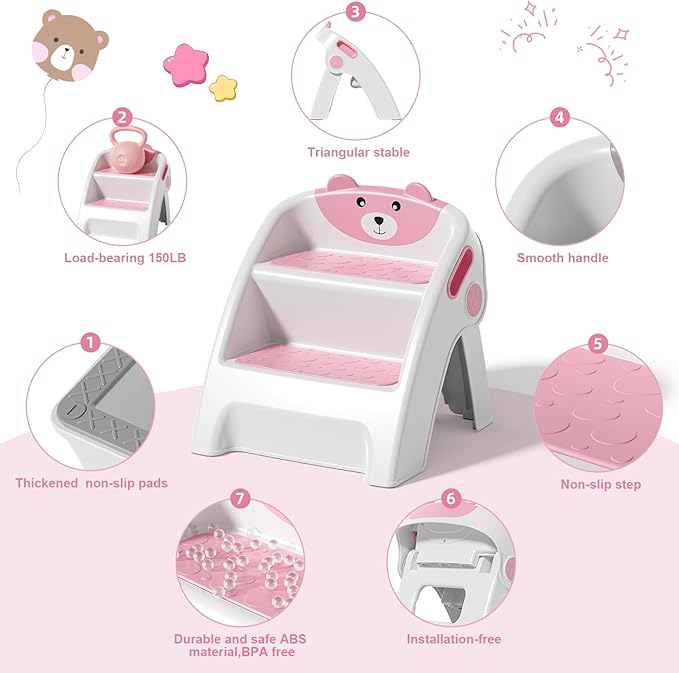 Folding Kids Step Stool for Bathroom and Potty Training,2.9lbs,Anti-Slip, Anti-Tip A-Frame Design with 10-Second Setup-Potty 2 Step Stool for Toddlers,CPC Certified for Safety and Easy Hand Washing