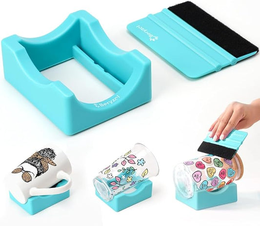 Silicone Cup Cradle, Cup Cradle for Tumblers Use to Apply UV DTF Decal/Apply Vinyl Decals -Keep Mugs in Place with Felt Squeegee(Cyan)