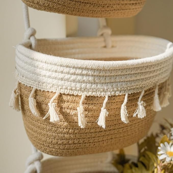 TeoKJ 3-Tier Cotton Rope Baskets with Tassels Over the Door Wall Hanging Baskets for Nursery, Living Room, Bathroom, Door Storage Organizer for Decoration Jute&White