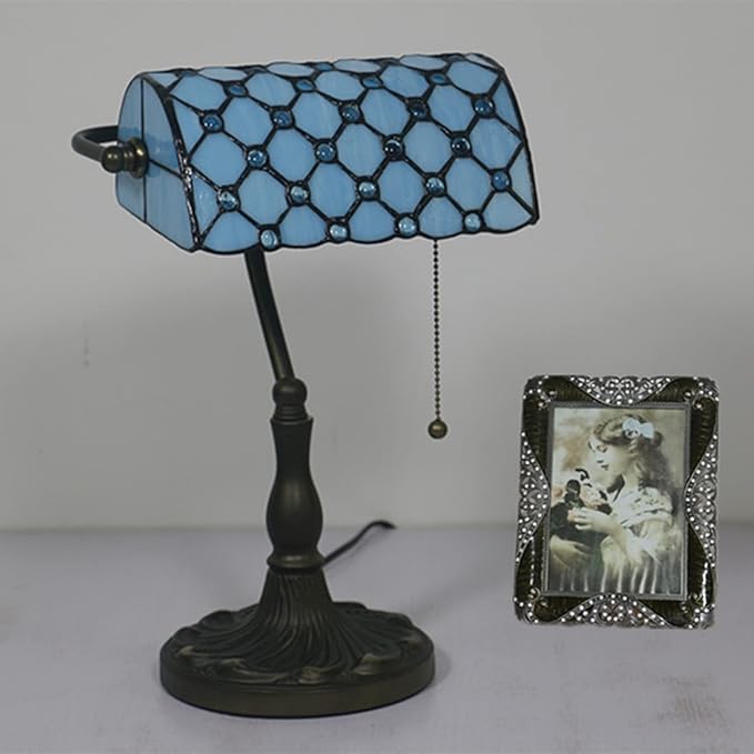 Tiffany Style Bankers Table Lamp Stained Glass Piano Desk Lamp Vintage Bedroom Bedside Lamp for Study,Antique Alloy Base,Zipper Switch,Blue a