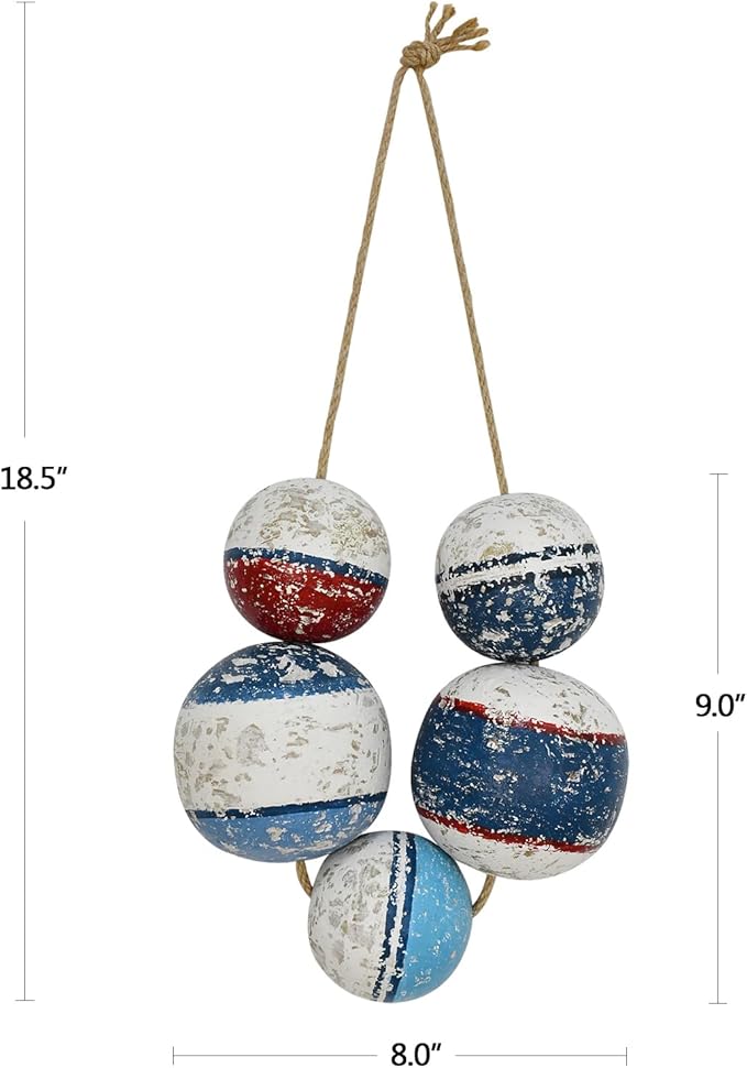 Morning View Buoy Decor Nautical Decor Wood Fishing Floats Decor for Home Coastal Wall Decor Hanging Decorative Boat Floats Wall Art Beach House Decor Nautical Ball with Rope Bathroom Decor 9 Inch
