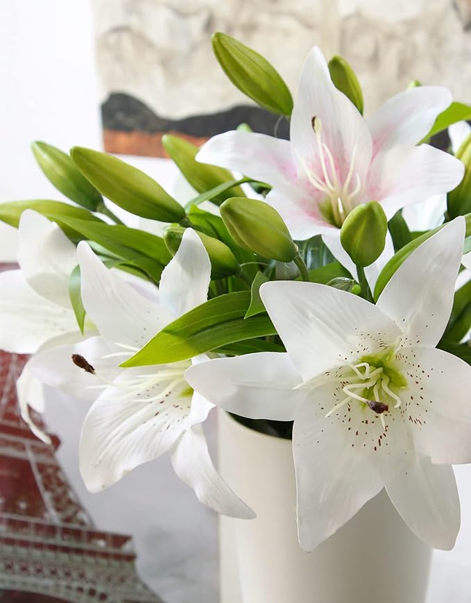 Hananona 8 Pcs Artificial Tiger Lily Real Touch Easter Lily Fake Spring Flowers for Wedding Home Party Easter Decoration Plastic Cemetery Faux Flowers (White, 8)