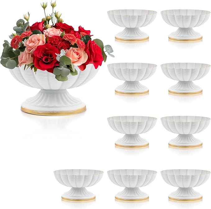 White Flower Vases for Centerpieces: Vintage Compote Bowl Vase for Wedding White Centerpieces for Table 4 Inch Small Pedestal Vase for Party Metal Urn Vases for Anniversary Home Set of 10