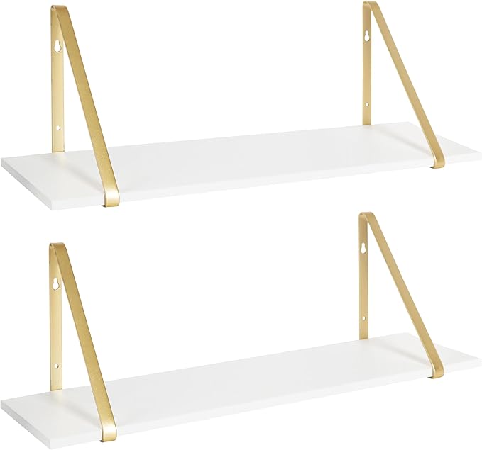 Kate and Laurel Soloman White Wooden Shelves with Gold Metal Brackets, 2 Piece Set