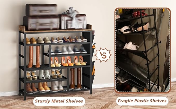 EnHomee Metal Shoe Rack for Entryway, 6 Tier Shoe Storage Organizer Holds 22 Pairs, Wooden Top and Side Pocket for Entry, Entrance, Hallway, Black